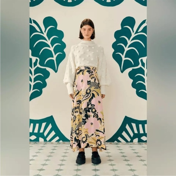 Farm Rio Floral Applique Lantern Sleeve Sweater Cream Mock Neck Trendy Sz S - Picture 3 of 16